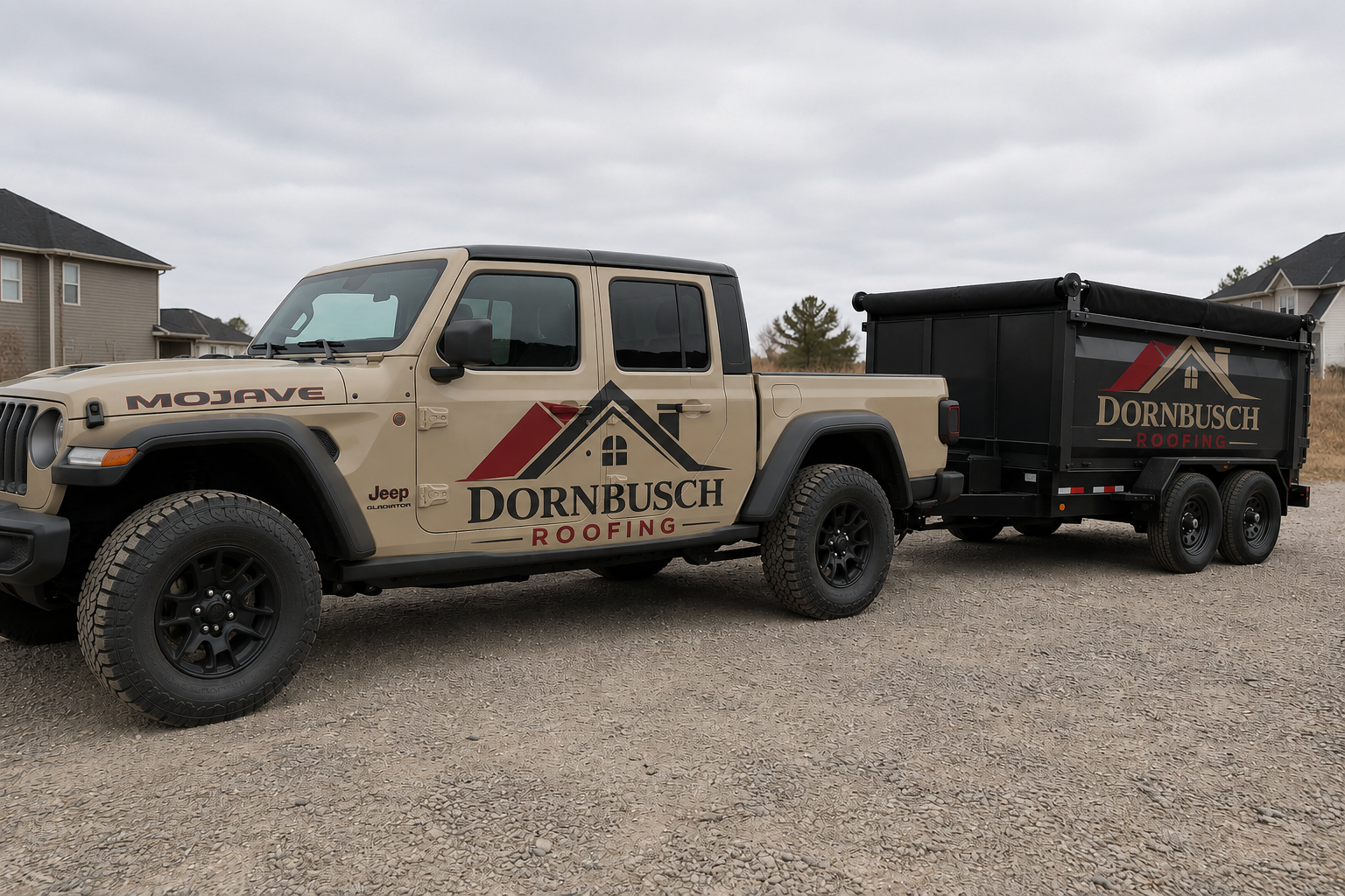 Dornbusch Roofing truck and dump trailer on a Twin Cities job site